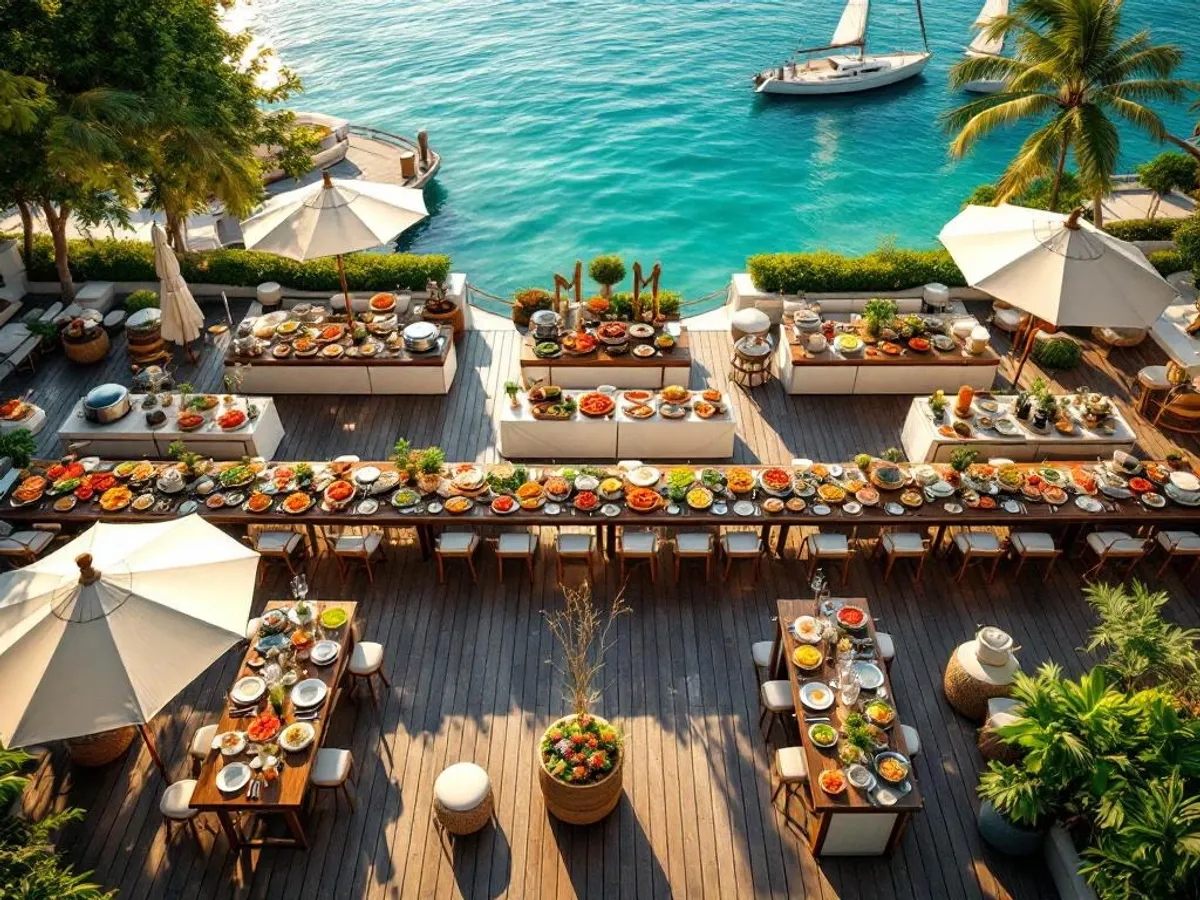 Luchtfoto van elegante catering opstelling op houten terras aan het water met gedekte tafels en gourmet gerechten