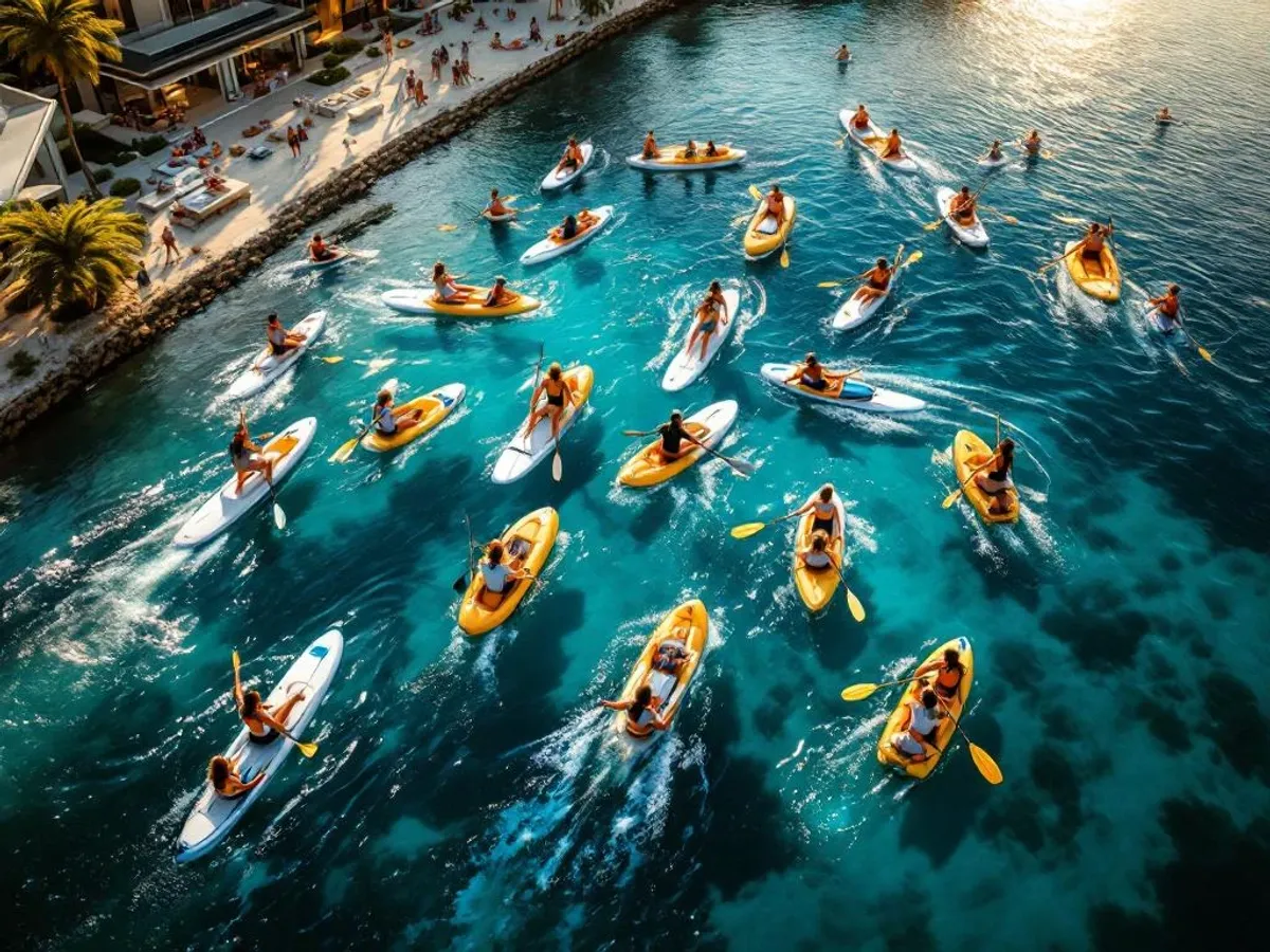Zakelijke teams in uniforme kleding doen aan watersport teambuilding activiteiten op helder meer bij zonsondergang