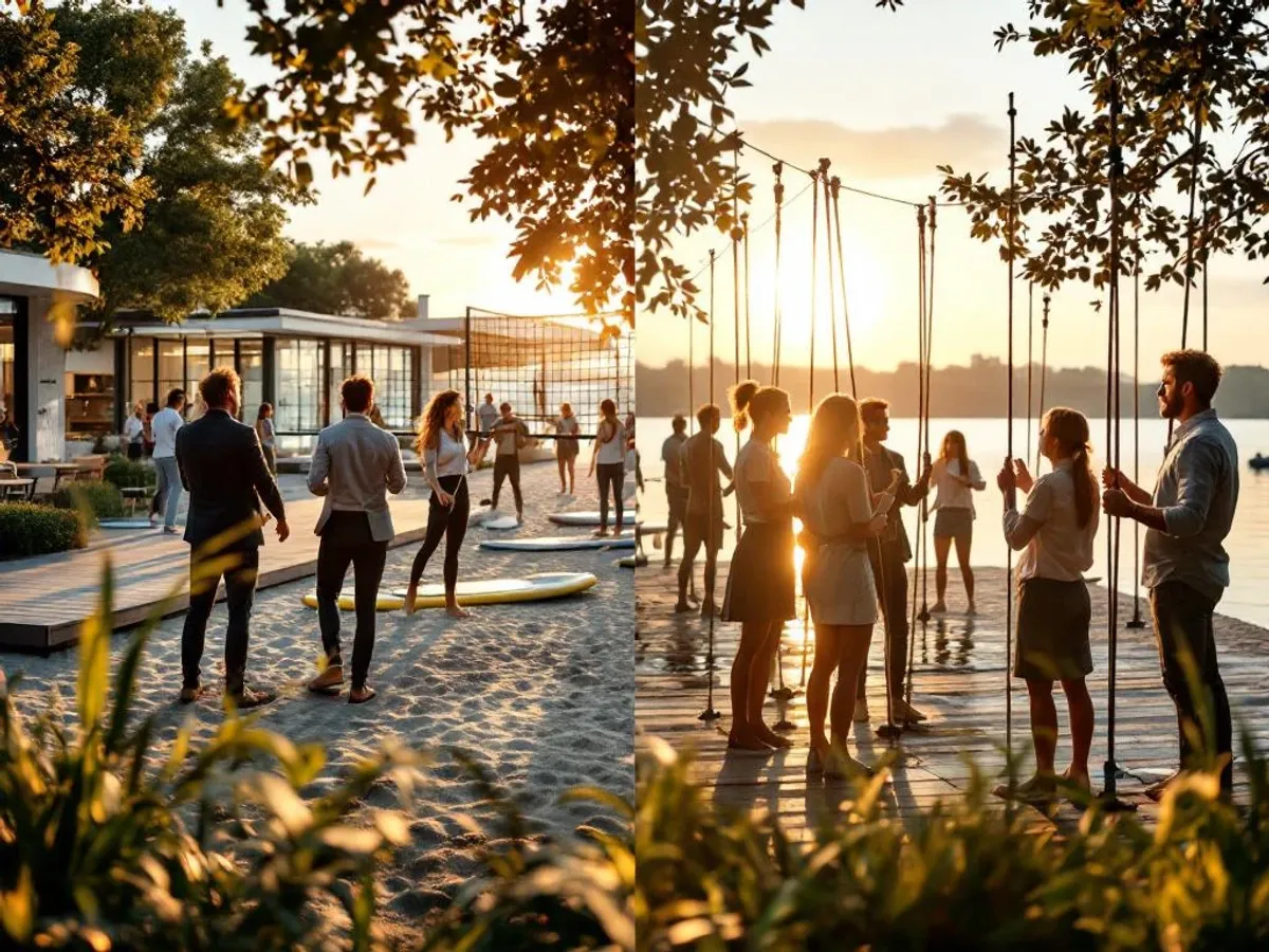 Bedrijfsevenement aan het water: collega's doen paddleboarding en teambuilding activiteiten bij Eemmeer tijdens gouden uur