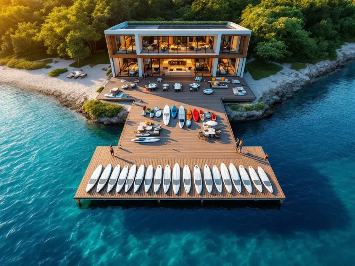 Luchtfoto van moderne teambuilding locatie aan water met kano's, paddleboards op steiger en hedendaags paviljoen