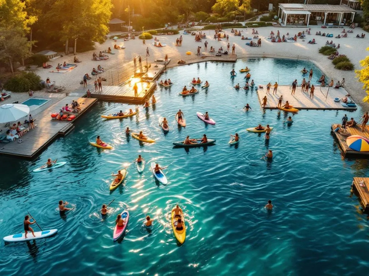 Hoe zorg je ervoor dat een bedrijfsuitje voor iedereen leuk is? Collega's genieten van wateractiviteiten bij strandclub tijdens gouden uur: peddleboarden, kajakken en beachvolleybal