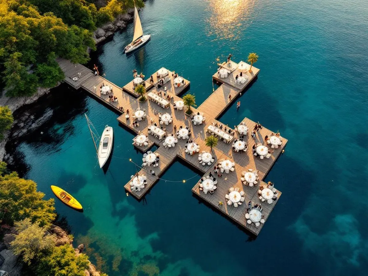 Luchtfoto van luxe teambuilding evenement aan meer met witte tafels op houten steiger en watersportuitrusting