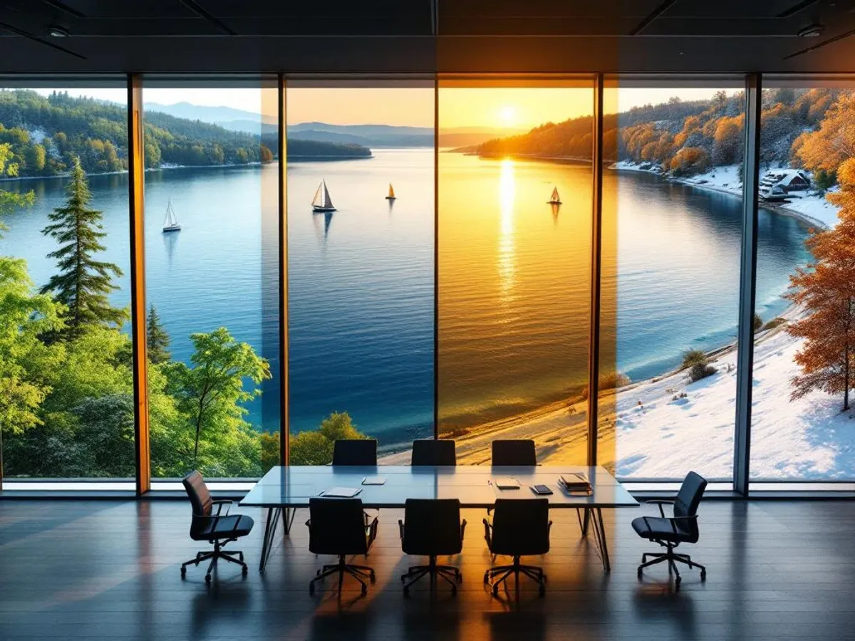 Moderne glazen vergaderruimte met uitzicht op meer door vier seizoenen, watersport en professionele meeting setup zichtbaar