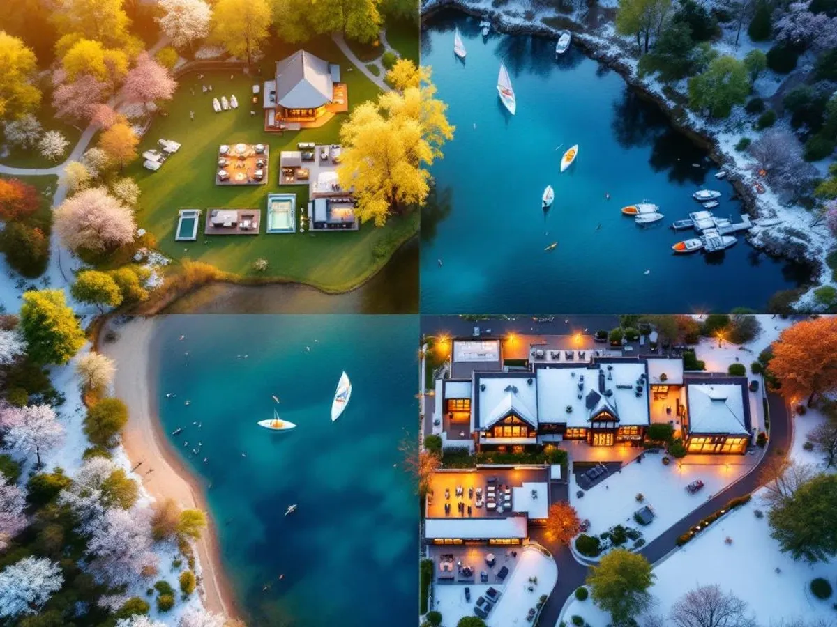 Luchtfoto Eemmeer bedrijfsretraite locatie in vier seizoenen met vergaderruimtes, watersport en moderne faciliteiten