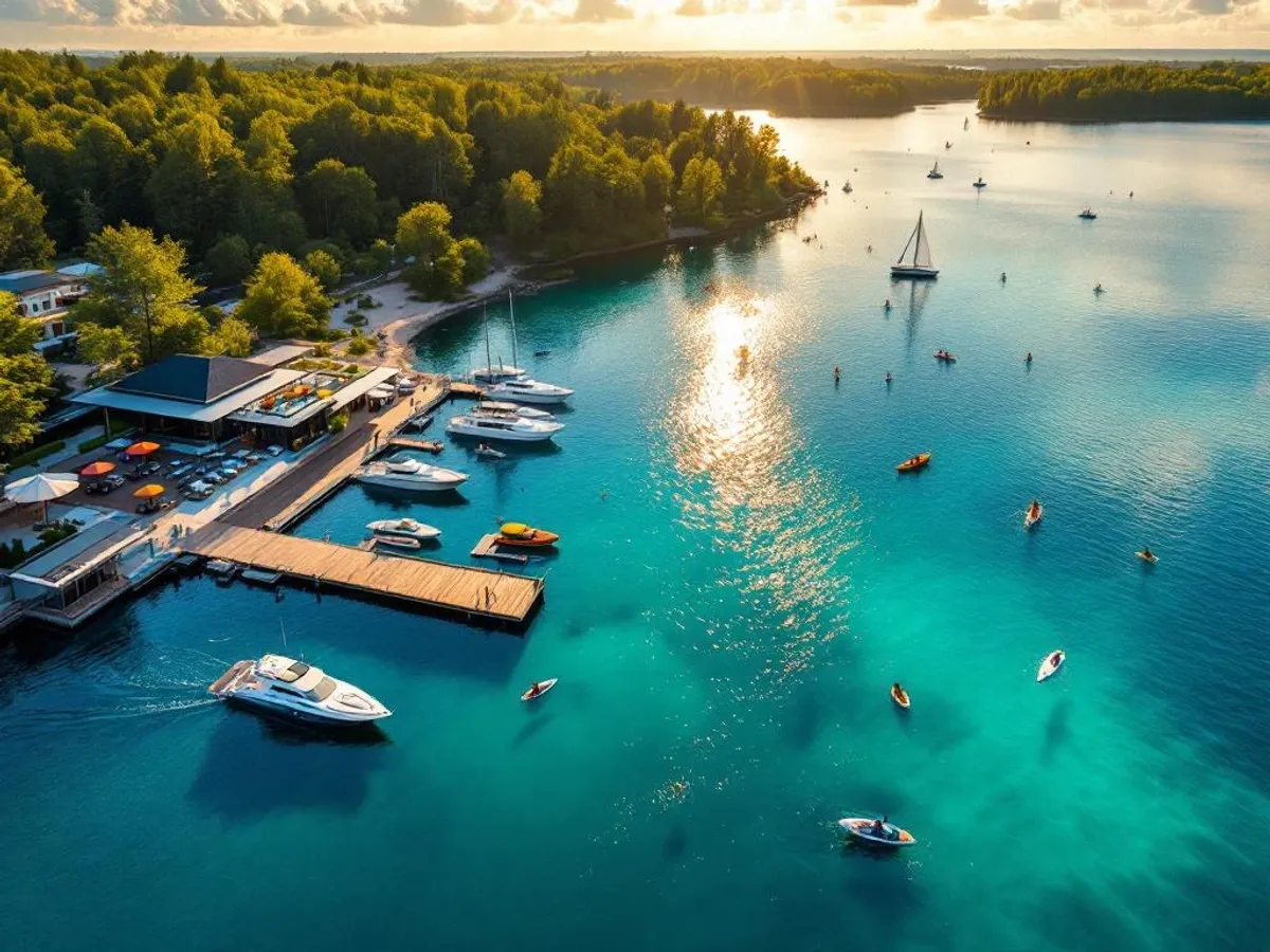 Luchtfoto van het Eemmeer met kristalhelder water, moderne steiger met boten, beachclub en watersporters bij zonsondergang