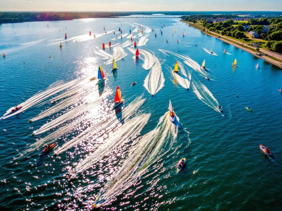 Luchtfoto van Eemmeer met zeilboten, speedboten, windsurfers en kajakkers op blauw water tijdens gouden uur