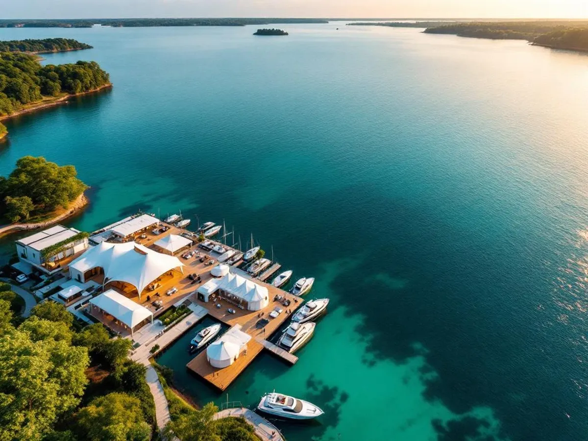 Luchtfoto van Eemmeer met luxe evenementenlocatie, jachthaven en houten steiger aan kristalhelder turquoise water