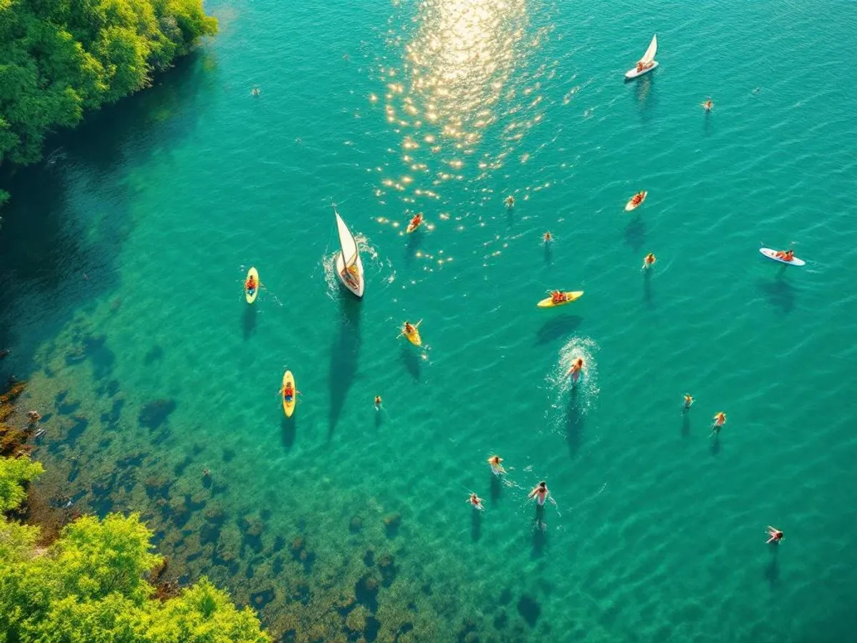 Luchtfoto van het Eemmeer met families die kajakken, paddleboarden, zeilen en zwemmen in kristalhelder water