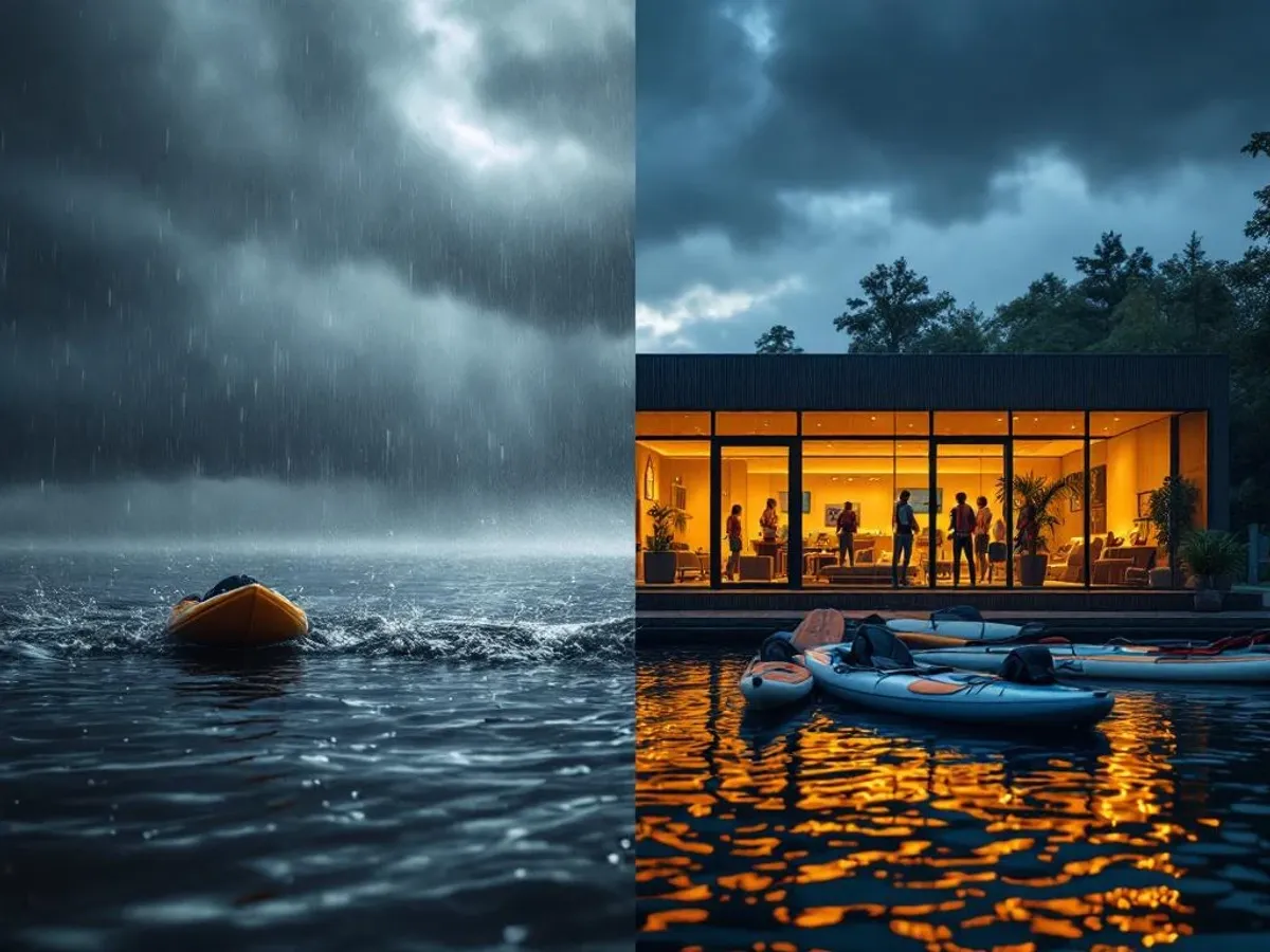 Eemmeer meer met stormachtig weer links en verlichte watersportcentrum rechts, met kayaks en surfplanken op voorgrond