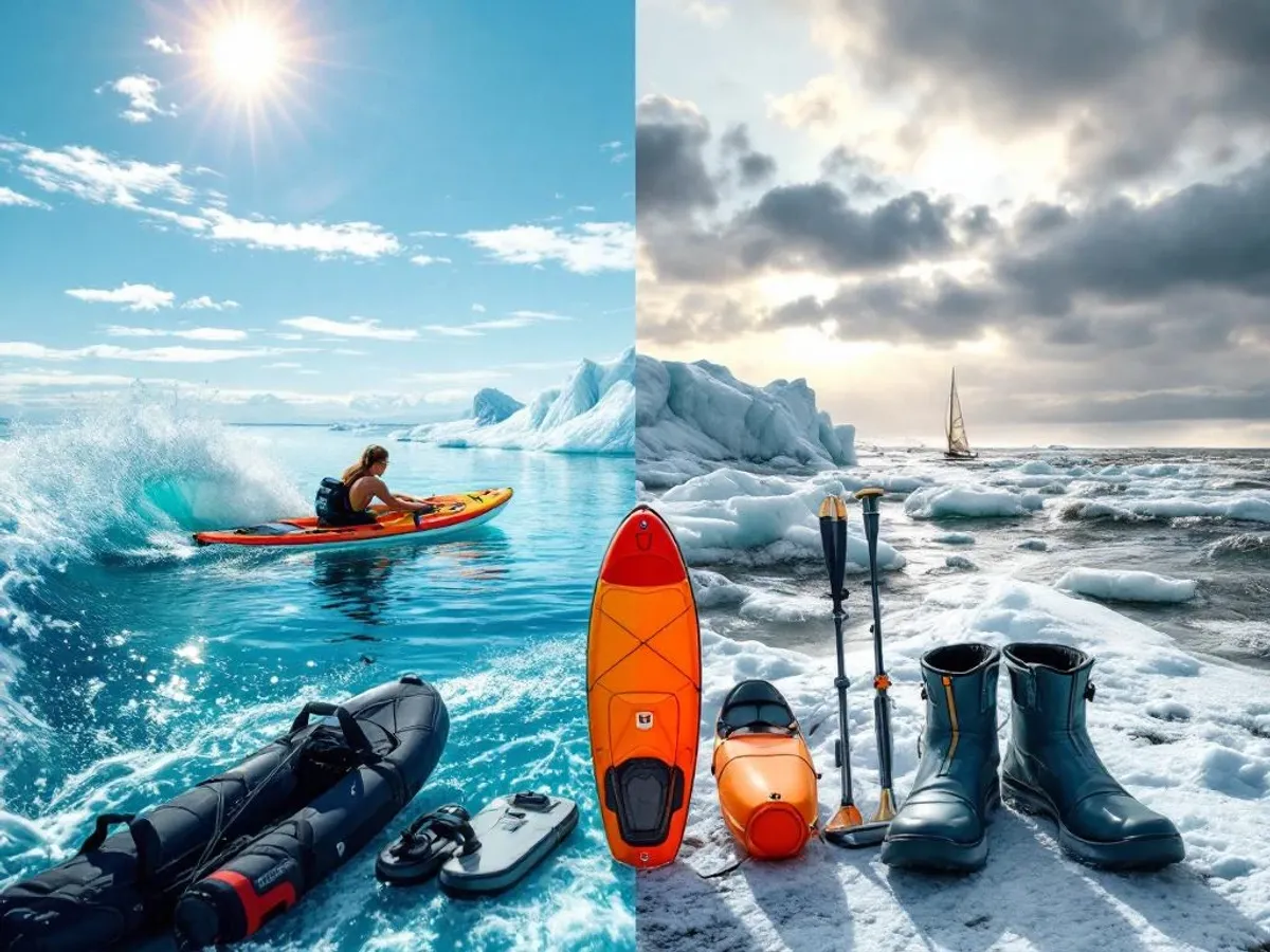 Split-screen van watersport op Eemmeer: zomerse wakeboard en kajak links, winterzeilen bij ijsformaties rechts