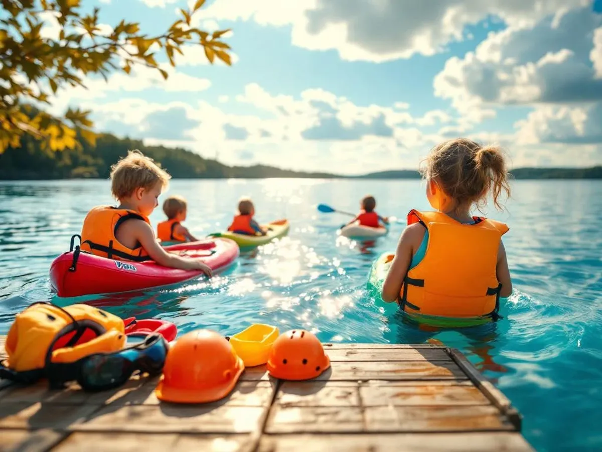 Kinderen in oranje zwemvesten genieten van watersport op meer met kajaks, paddleboards en veiligheidsuitrusting op steiger