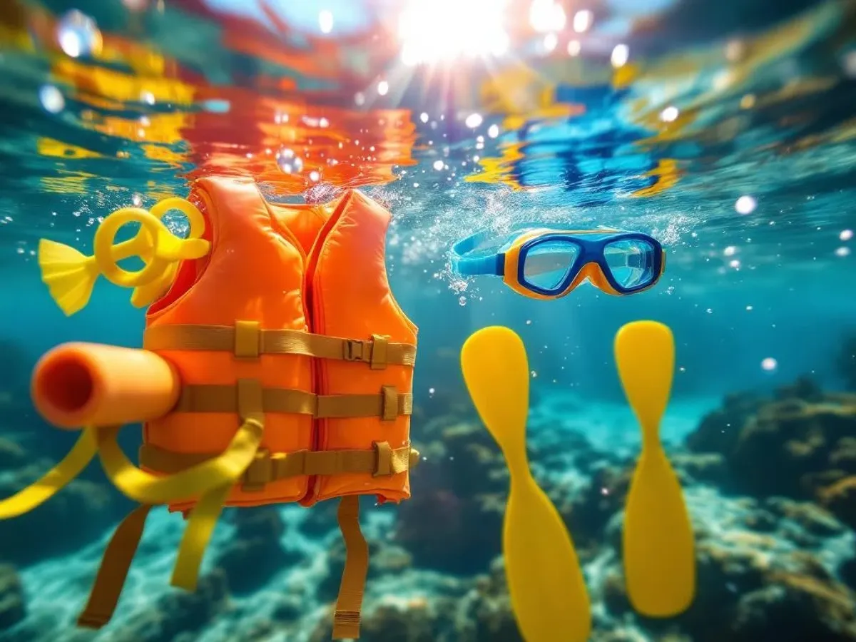 Kleurrijke zwemuitrusting voor kinderen drijft onder helder meerwater met zonnestralen en zwemvesten