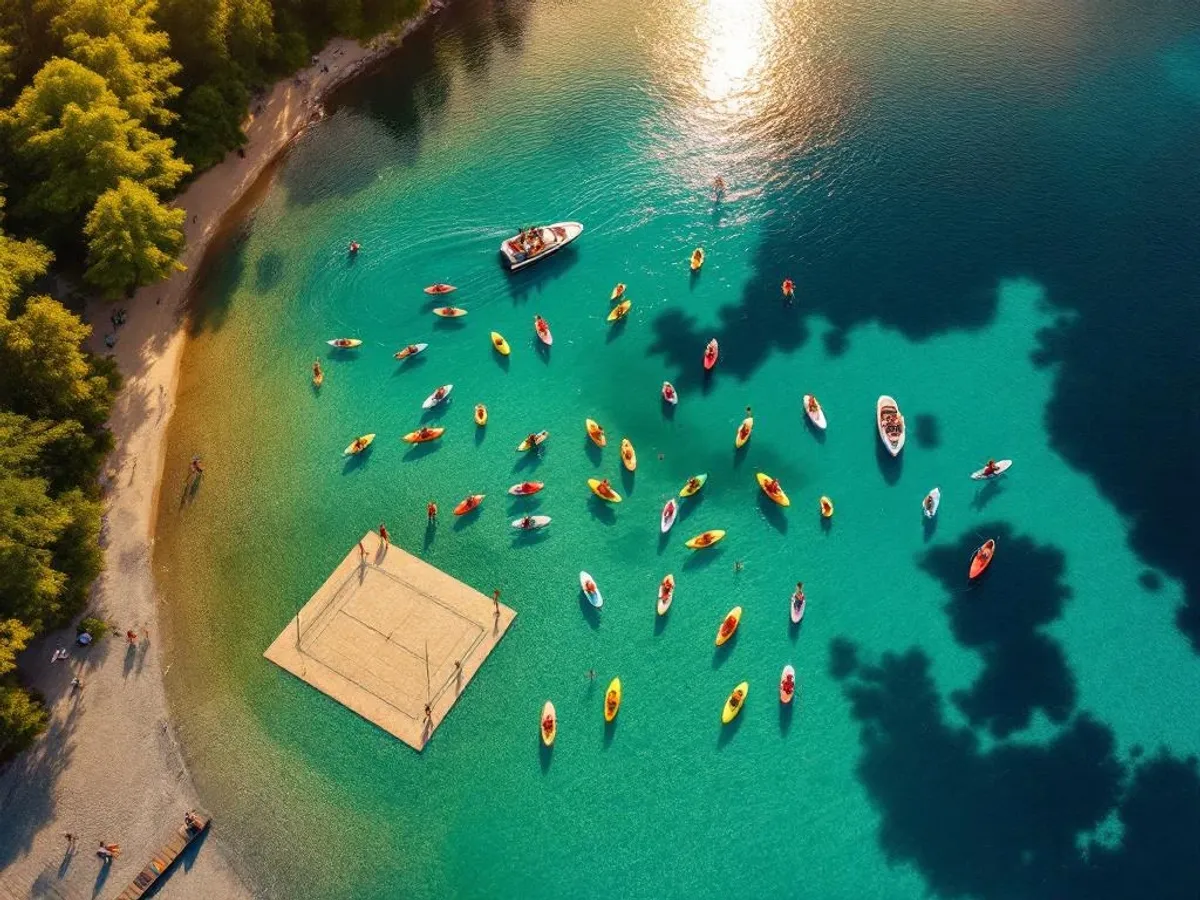 Welke activiteiten zijn geschikt voor een groepsuitje aan het water? Luchtfoto van turquoise meer met kajakkers, peddelborders en strandvolleybal tijdens gouden uur
