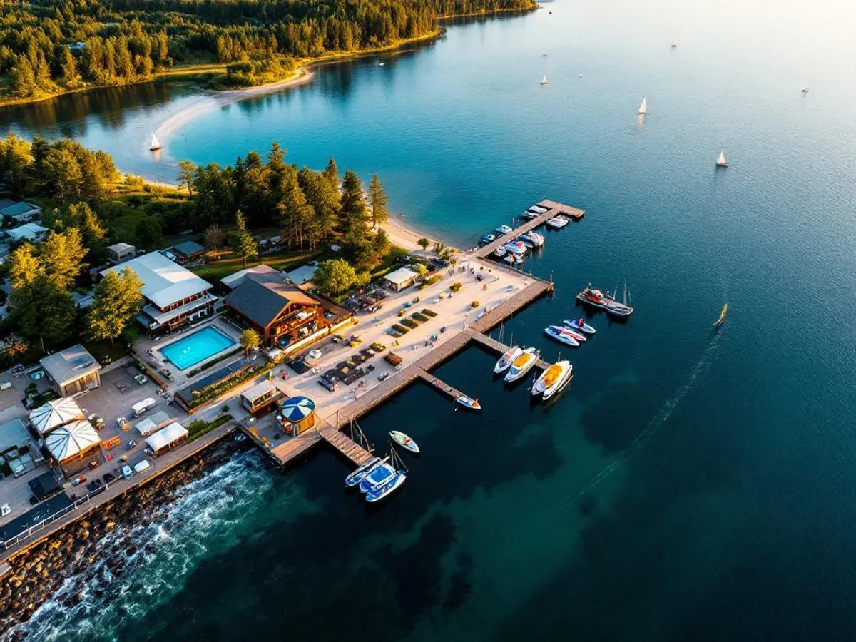 Luchtfoto van meer met houten steiger, beachclub voorzieningen en watersportgebied omringd door groen