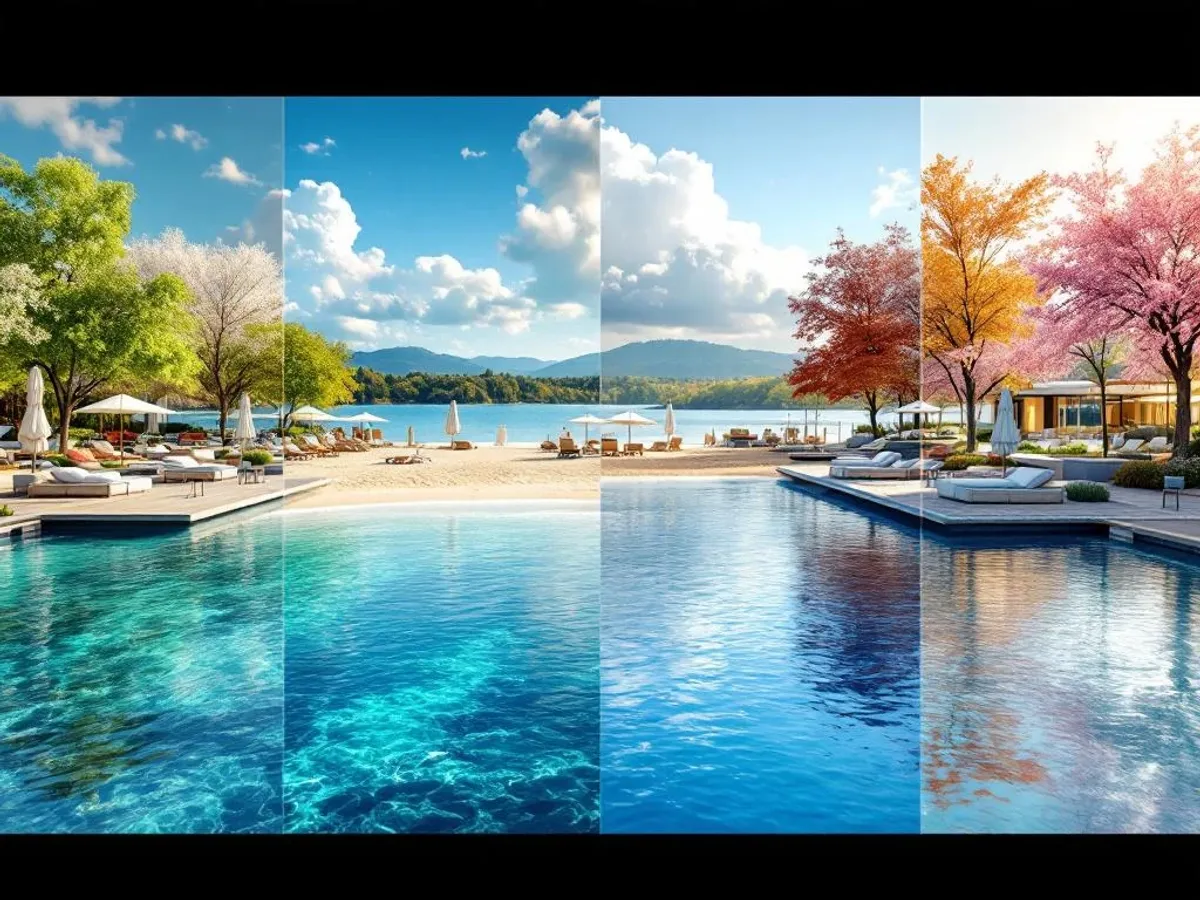 Meer met vier seizoenen in één beeld: lente, zomer, herfst en winter rond modern strandpaviljoen met helderblauw water