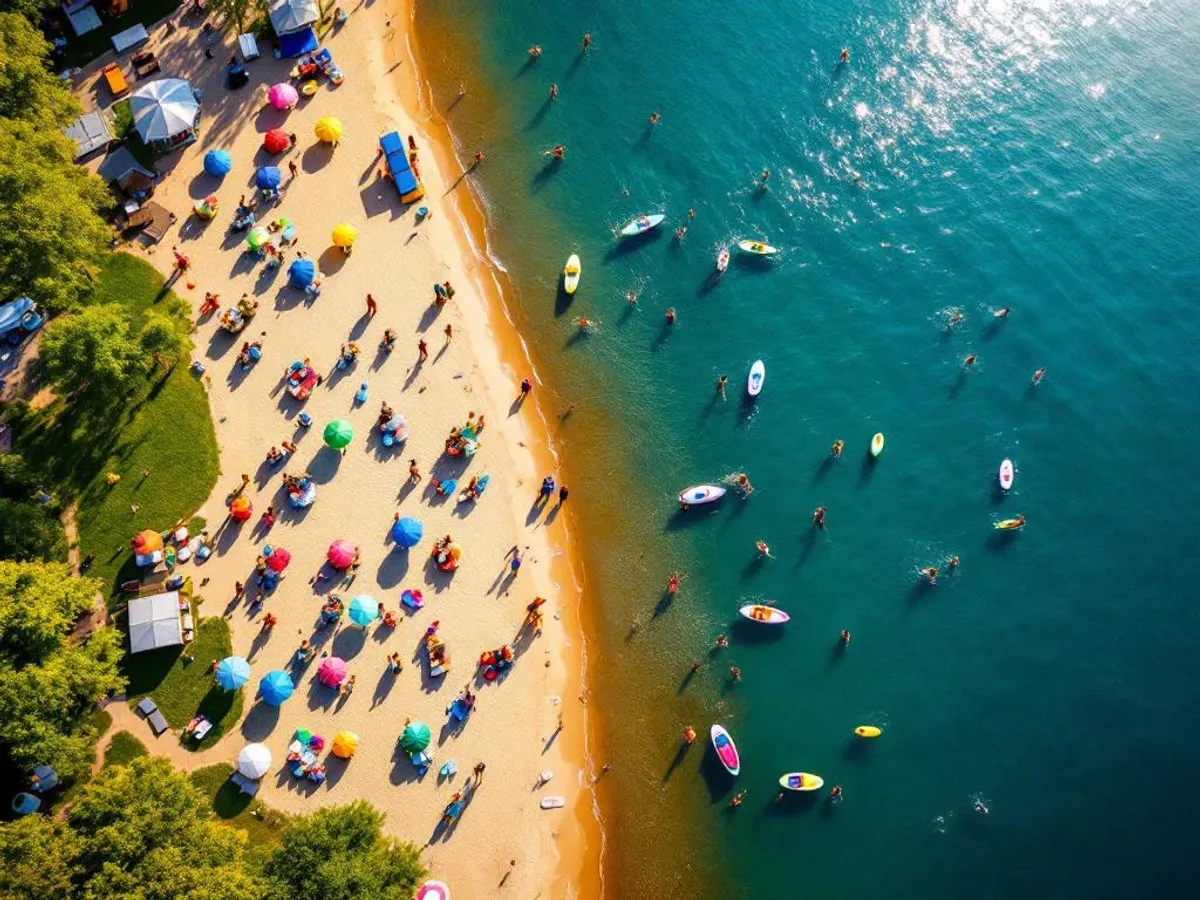 Luchtfoto van kleurrijke familiepicknick aan meer met watersport, parasols en spelactiviteiten tijdens gouden uur
