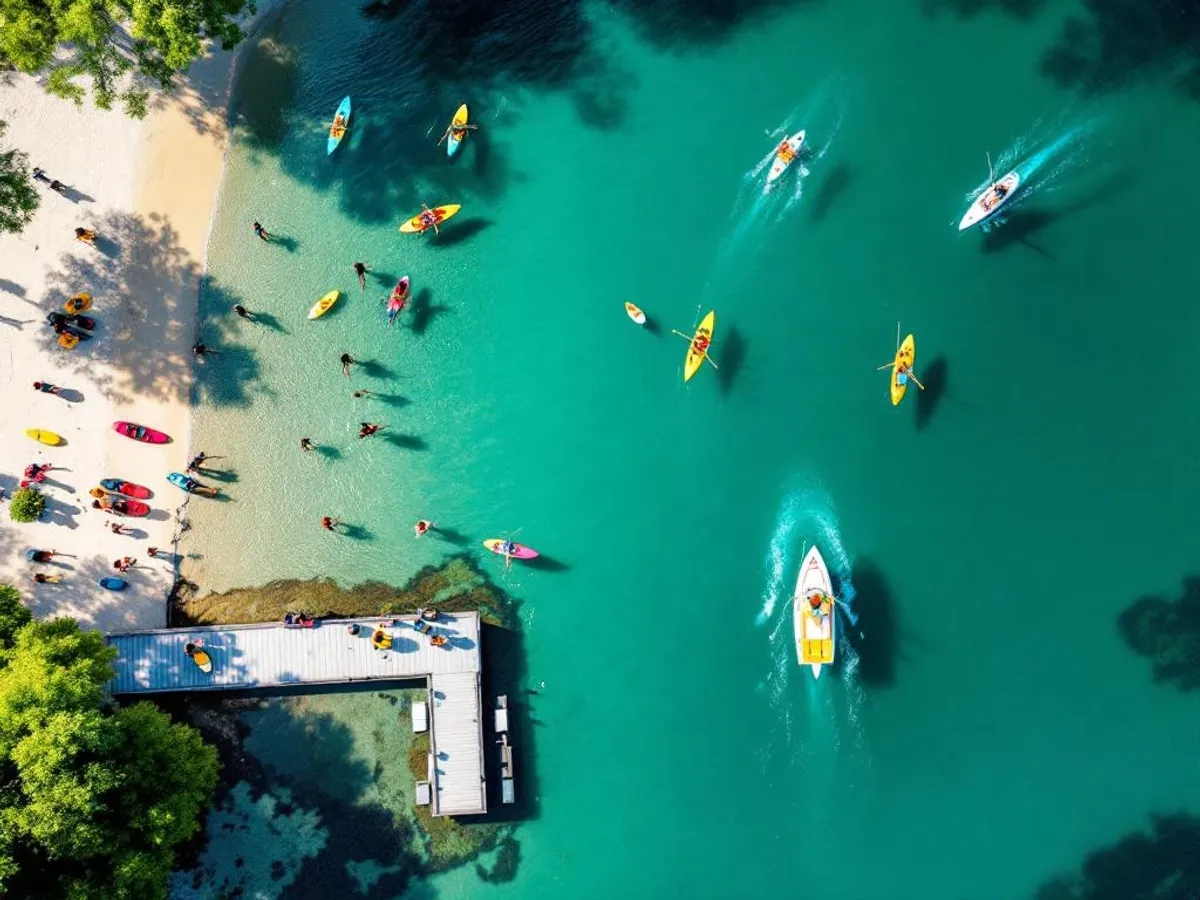 Luchtfoto van levendig recreatiegebied aan meer met kayaks, volleybal en watersportactiviteiten op zandstrand