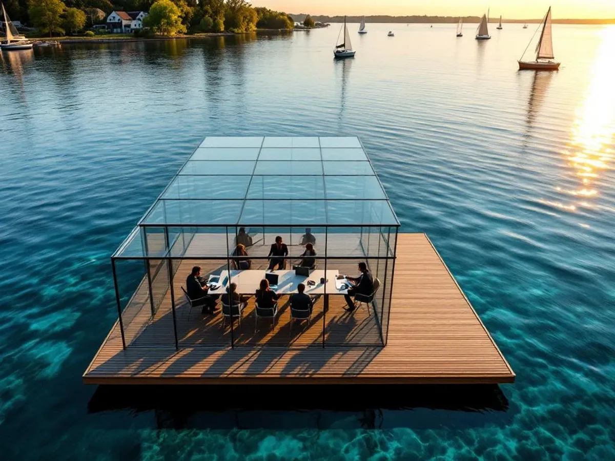 Glazen vergaderruimte op houten terras boven meer met zakenmensen, zeilboten en gouden zonlicht op water