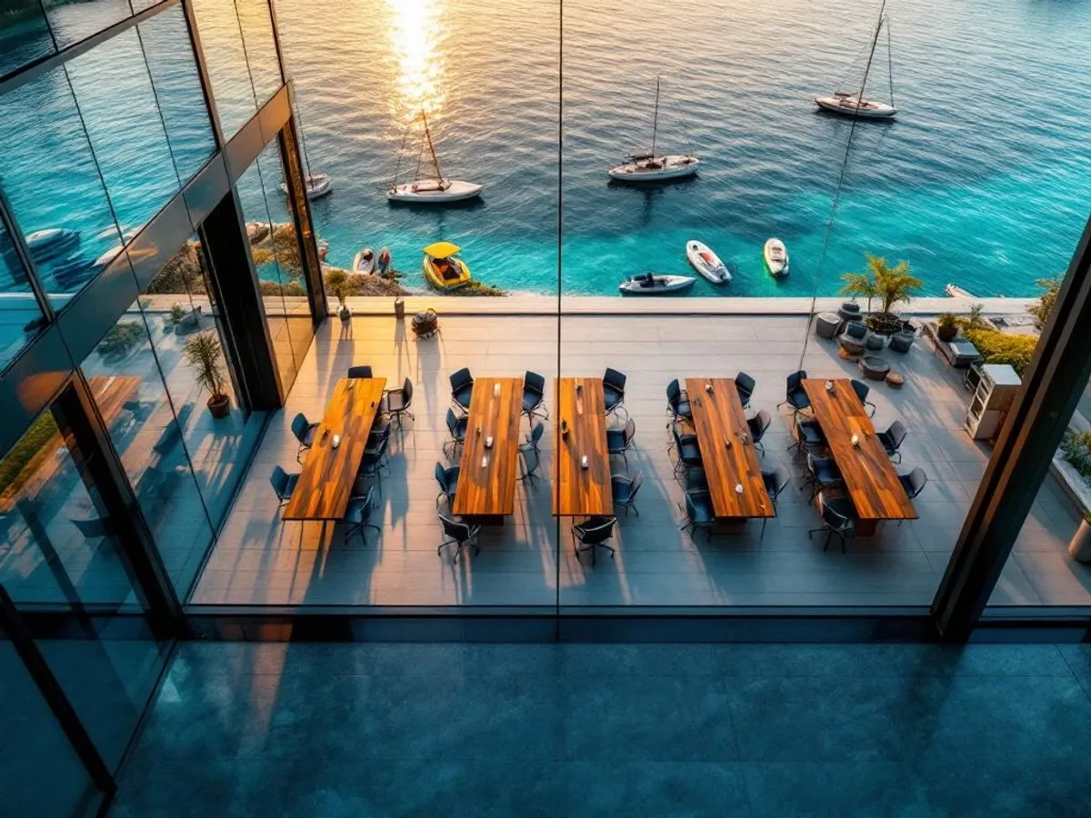 Hoe kies je de beste vergaderlocatie voor je bedrijfsuitje? Moderne glazen vergaderruimte met uitzicht op meer, houten tafels, ergonomische stoelen en zeilboten aan de kust