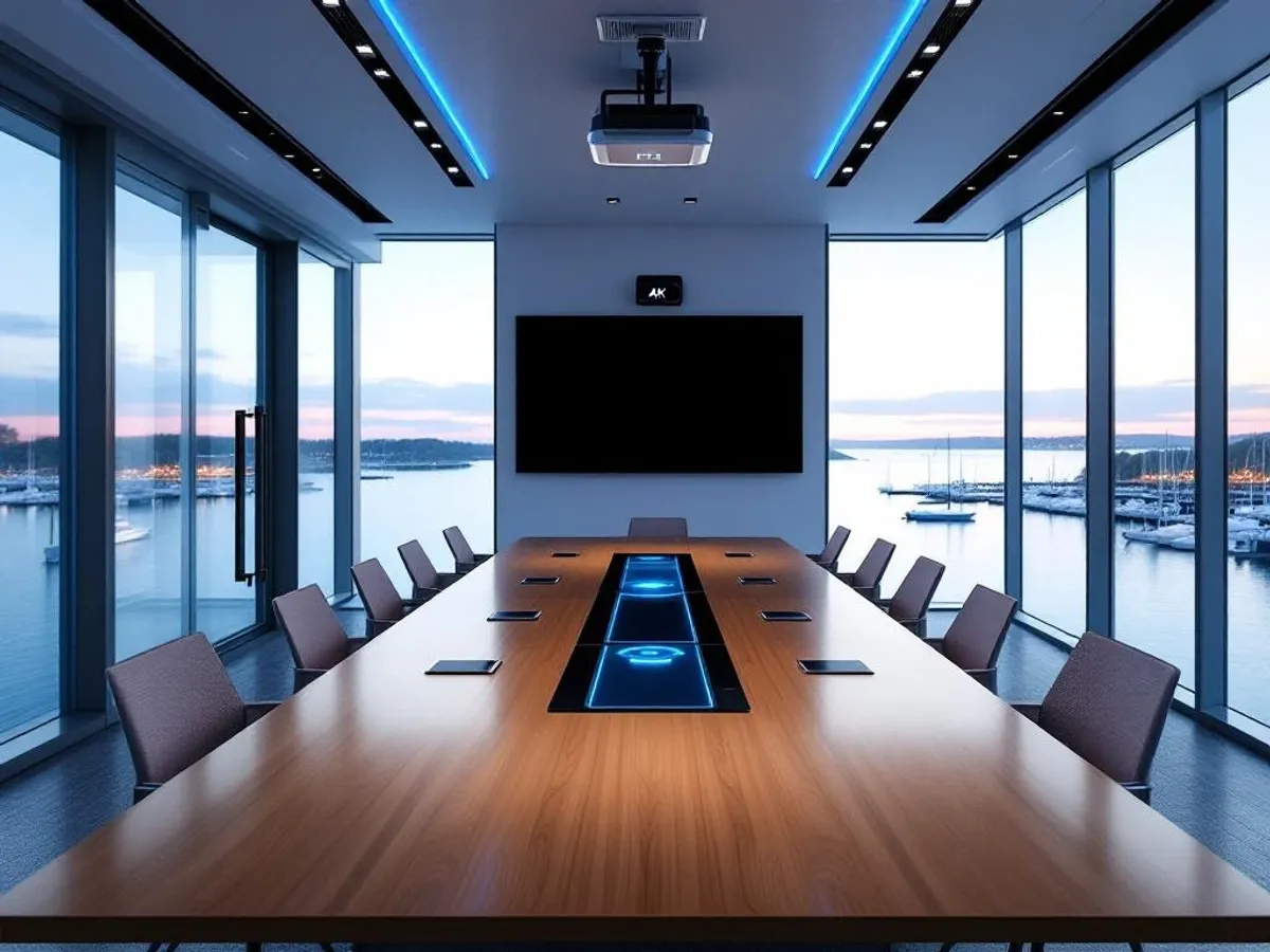 Moderne vergaderruimte met houten tafel en draadloze oplaadstations, overloopt serene meer en jachthaven