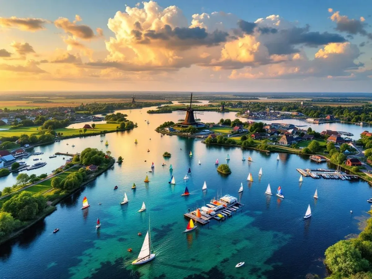 Luchtfoto van Nederlandse watersportmeren met zeilboten, windmolens en jachthavens in gouden avondlicht
