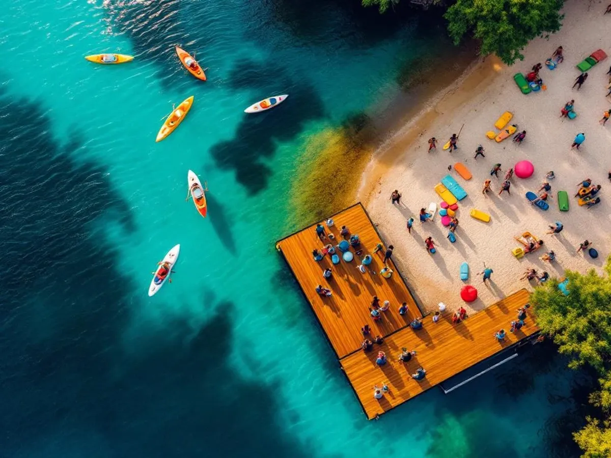 Luchtfoto van meer met teambuilding activiteiten, kajaks, paddleboards en groepen op strand bij zonsondergang