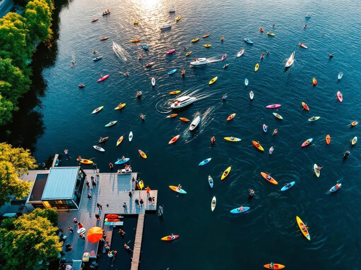 Luchtfoto van teambuilding watersport activiteiten met kleurrijke kajaks en zeilboten op Nederlands meer bij zonsondergang