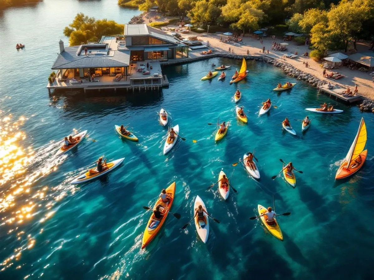Zakelijk team doet watersport activiteiten op Eemmeer met kajaks, paddleboards en zeilen bij moderne beachclub