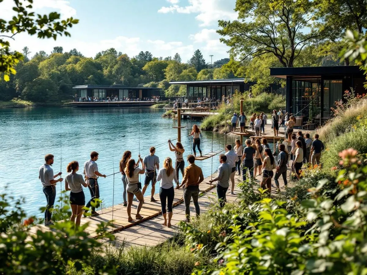 Diverse zakelijke professionals doen teambuilding activiteiten bij meer met touwparcours en vertrouwensoefeningen