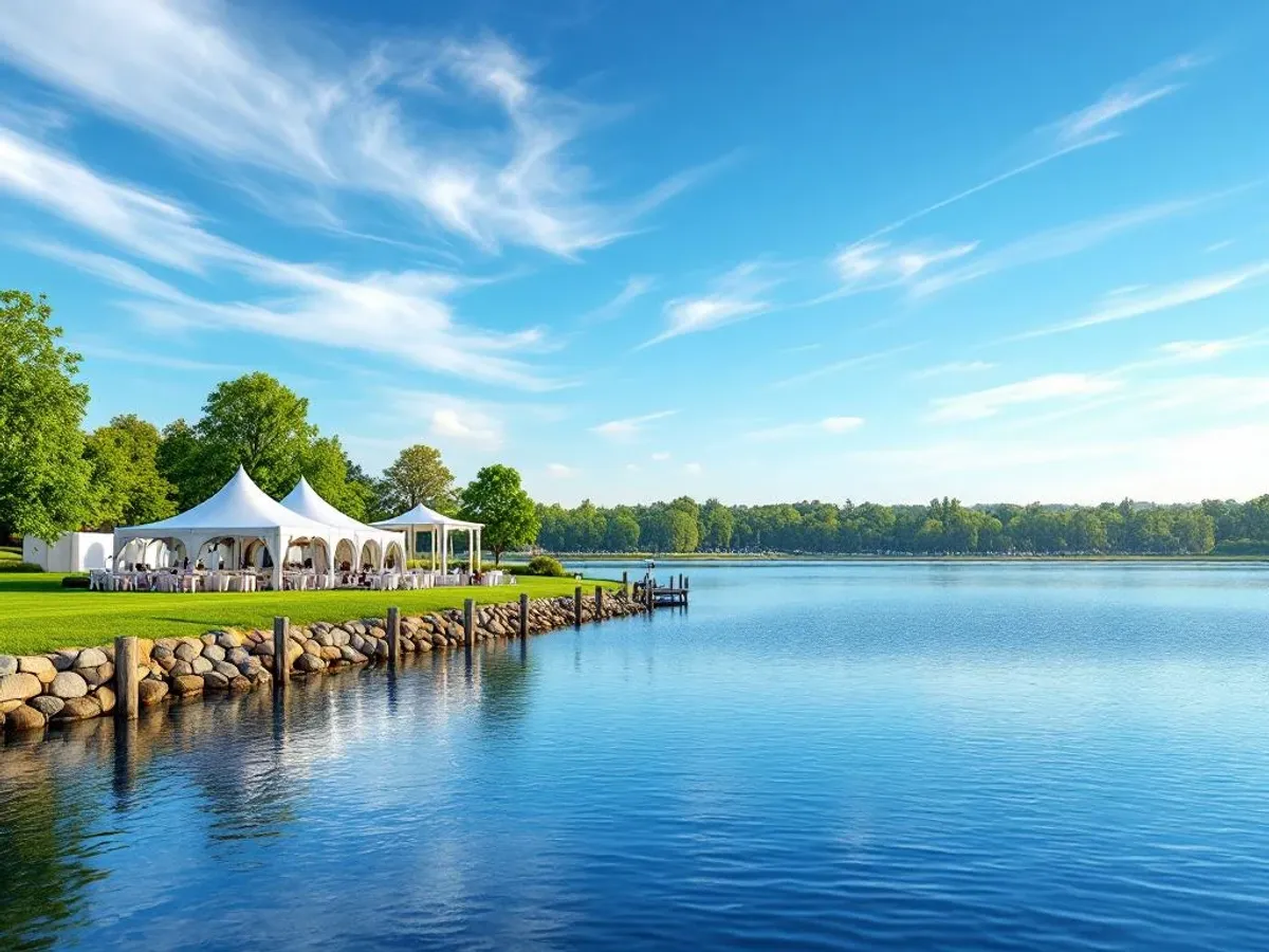 Elegante witte eventtenten aan kristalhelder meer onder perfecte blauwe lucht met witte wolken op zonnige dag