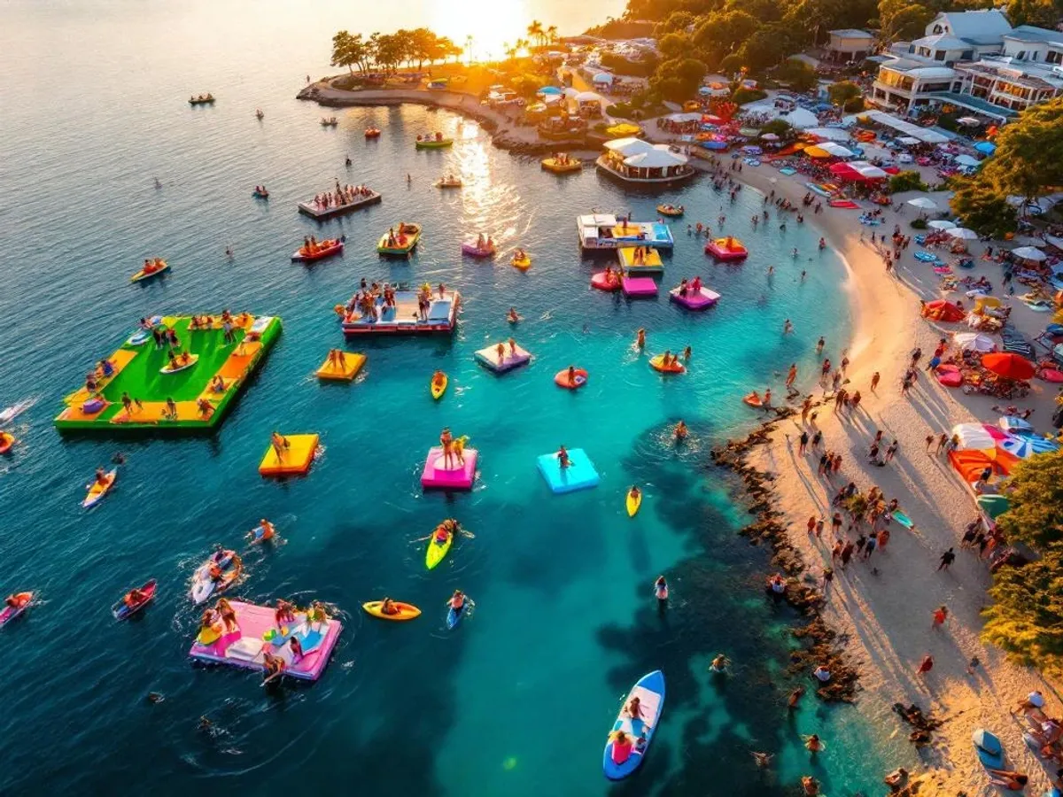 Luchtfoto van levendig waterfestijn bij zonsondergang met kleurrijke platforms, wateractiviteiten en feestverlichting