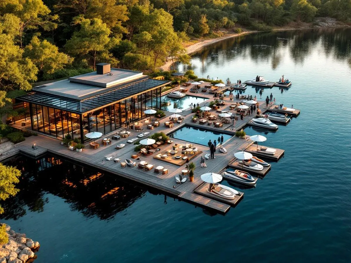 Luchtfoto van modern waterfront evenementenlocatie met vergaderfaciliteiten, terrassen en steiger aan meer