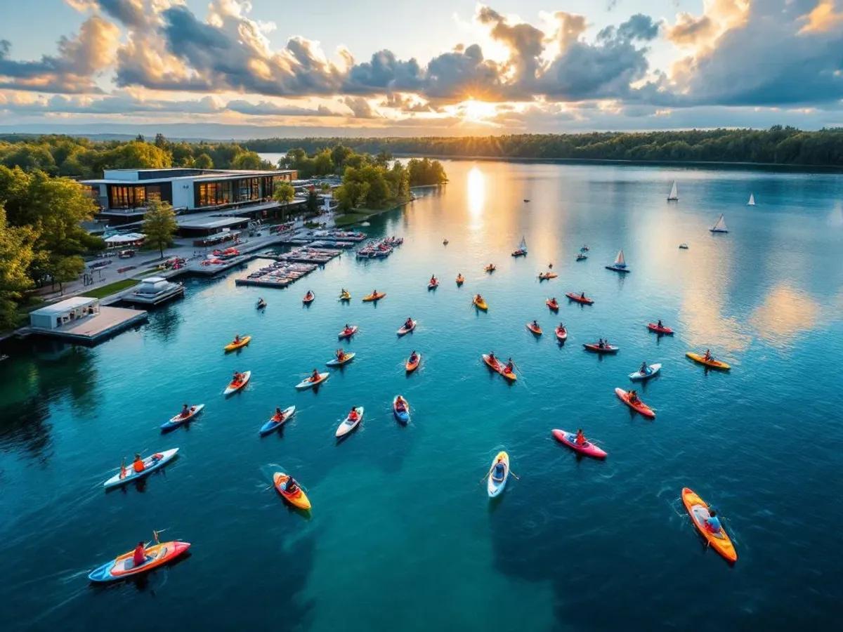 Luchtfoto van kristalhelder meer met kajakkers, paddleboarders en zeilboten bij moderne watersportfaciliteit tijdens gouden uur