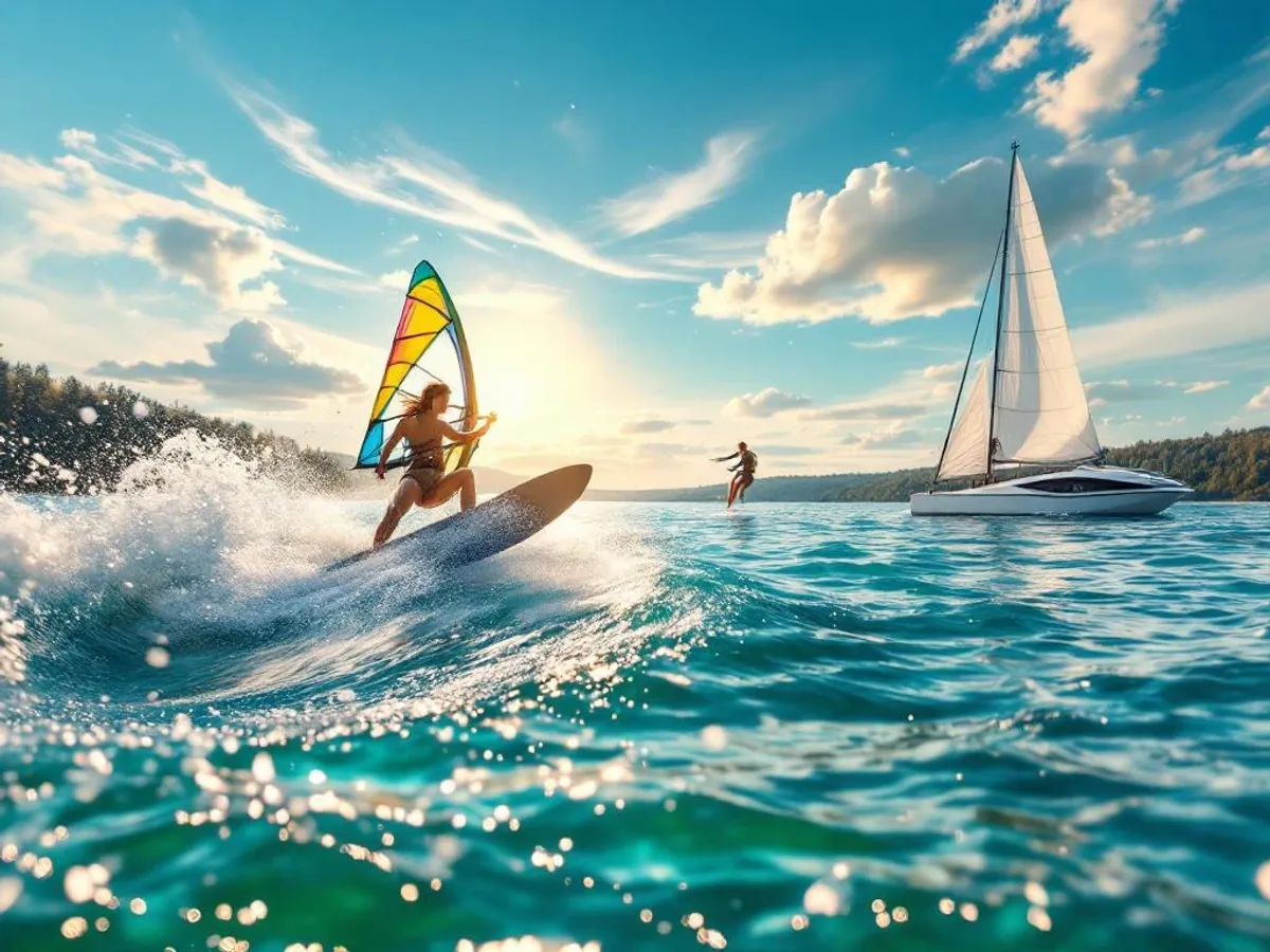 Hoe lang duurt een watersportactiviteit gemiddeld? Wakeboard snijdt door helder meer water met windsurfer, jetski en zeilboot onder zonnige blauwe hemel