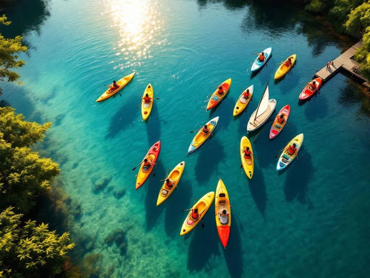 Kristalhelder meer met kleurrijke kajaks, paddleboards en zeilbootjes met reddingsvesten, ideaal voor teambuilding