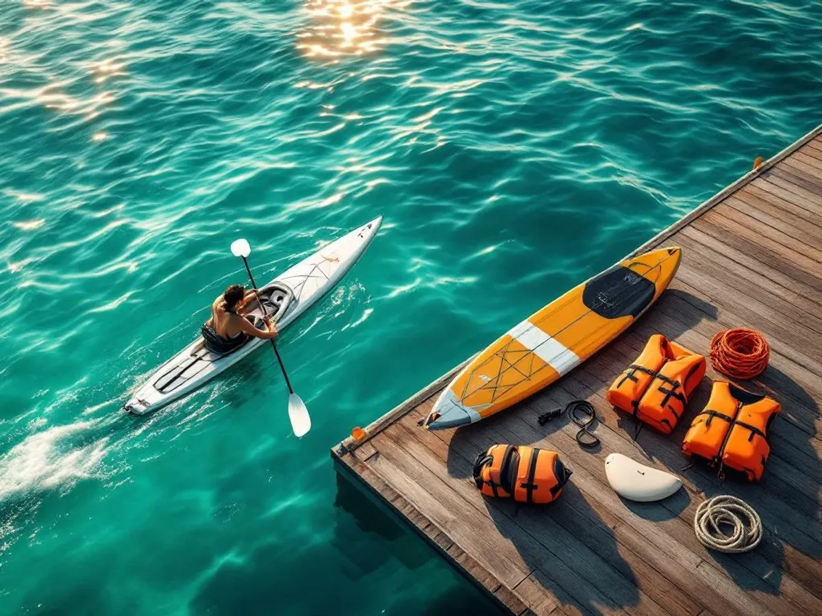 Kajakpeddel doorbreekt kristalhelder water van Eemmeer, watersportuitrusting op houten steiger in gouden zonlicht