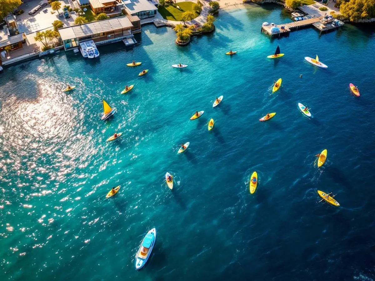 Luchtfoto van het Eemmeer met gele kajaks, paddleboards en zeilboten op kristalhelder water bij watersportfaciliteit