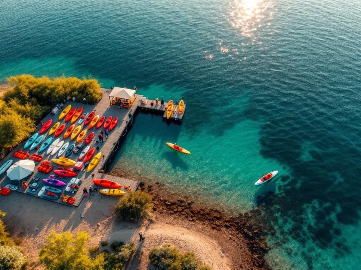 Luchtfoto van georganiseerd watersport evenement aan Nederlands meer met kajaks, paddleboards en veiligheidsequipment op steiger