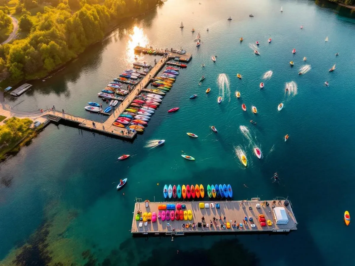 Luchtfoto van meer met watersportactiviteiten, kleurrijke kajaks, zeilboten en jachthaven met uitrusting tijdens gouden uur