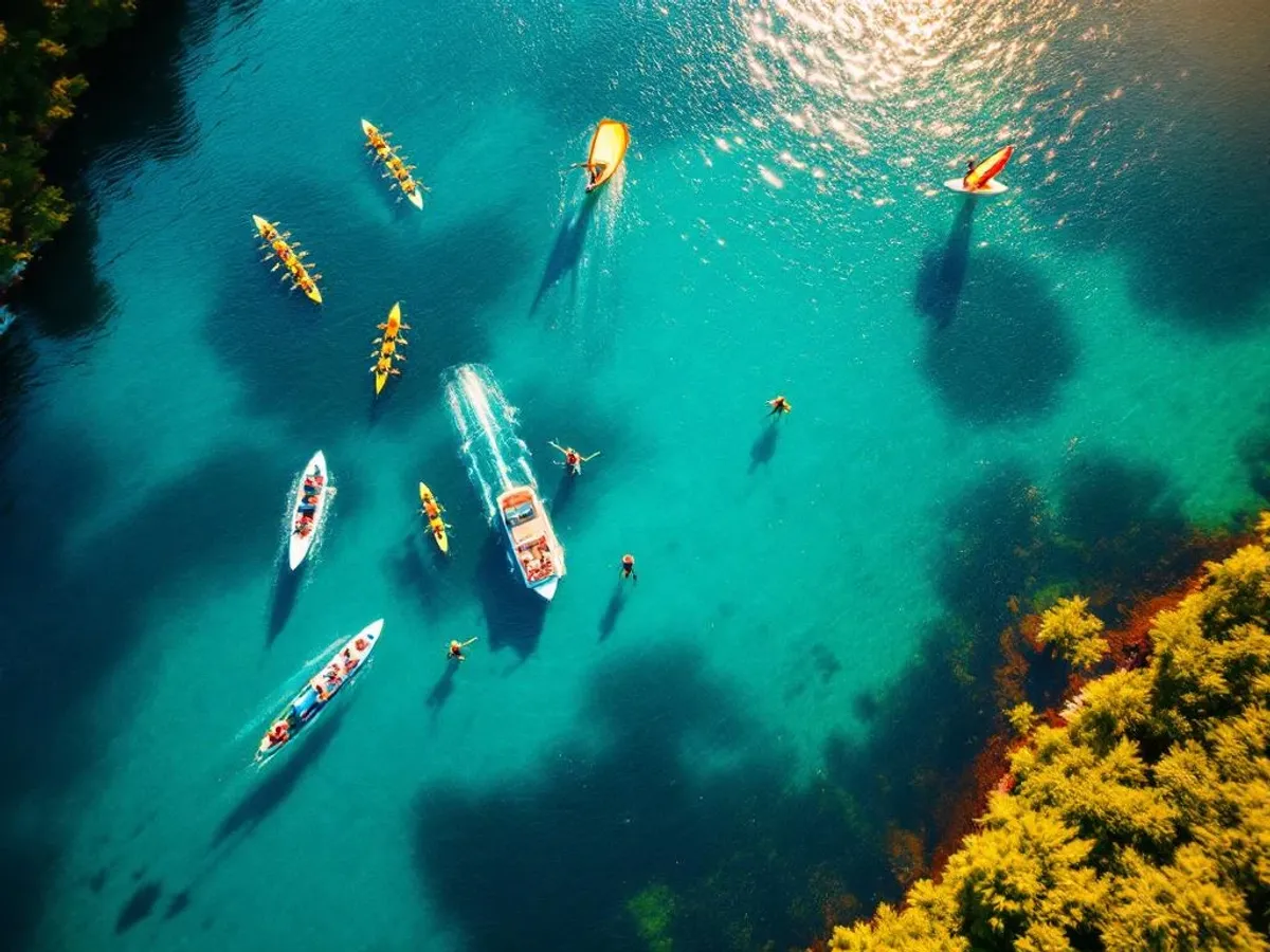 Luchtfoto van meer met groepen kajakkers, windsurfers en paddleboarders tijdens gouden uur met weelderige groene oever