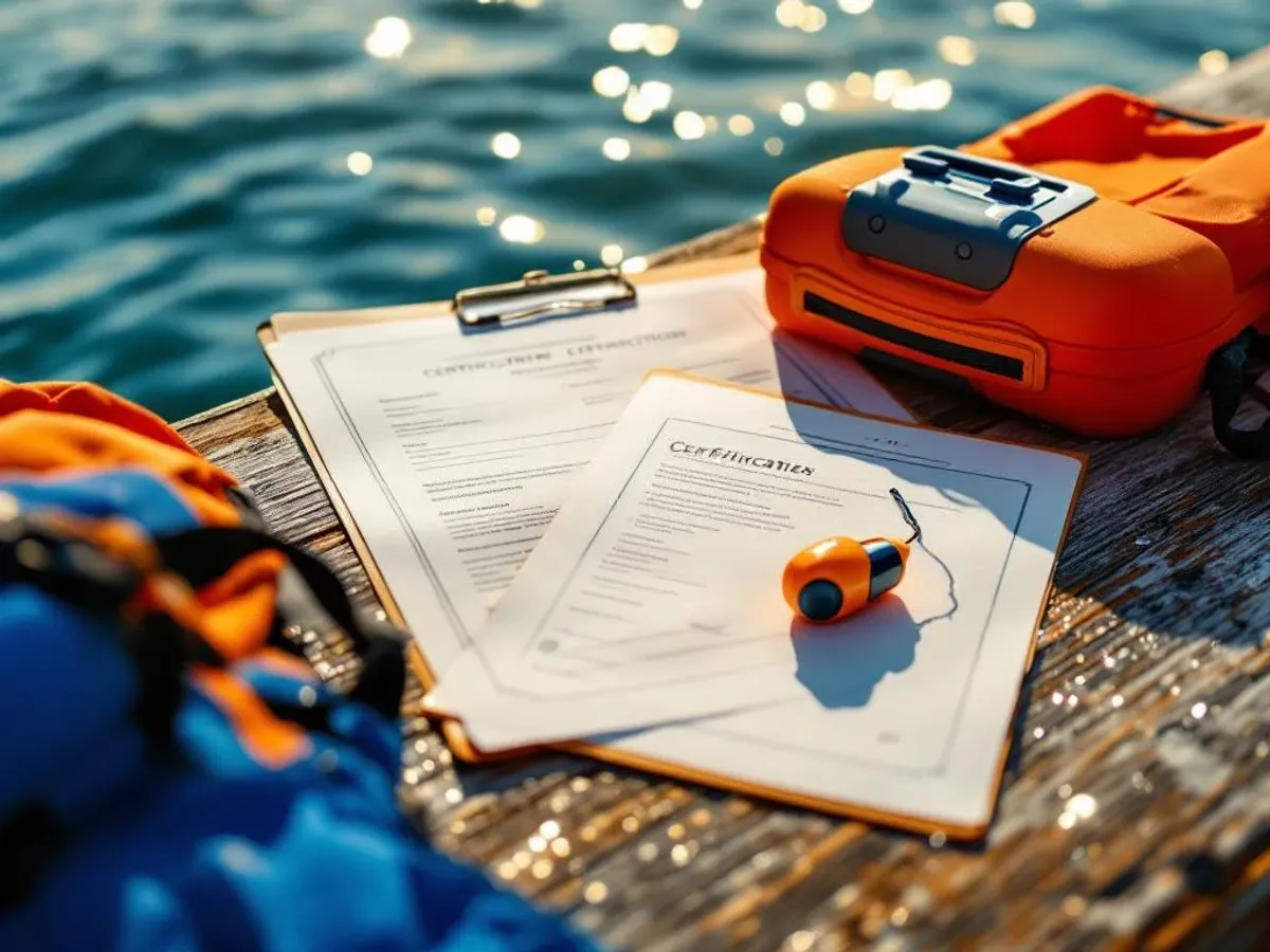Watersport instructeurscertificaten en veiligheidsequipment op houten steiger bij helder water in gouden zonlicht
