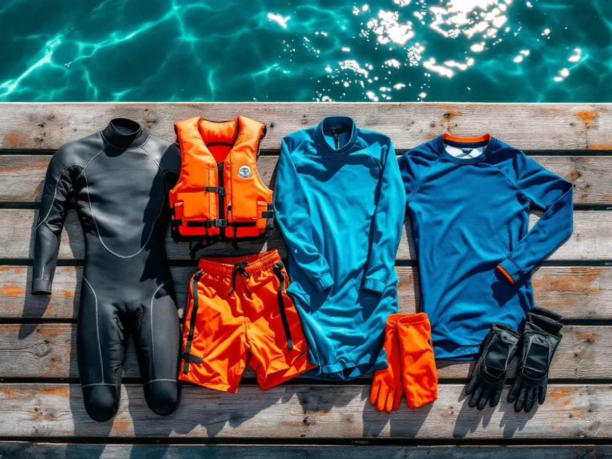 Watersport kleding op houten steiger: wetsuit, reddingsvest, zwemshorts, rashguard en zeilhandschoenen bij helder water