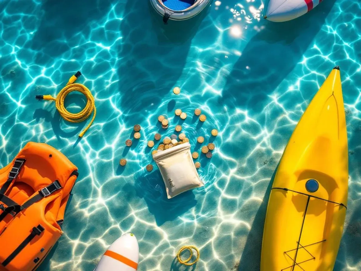 Waterpouch met euro's en watersportuitrusting drijvend in helder water van bovenaf gezien