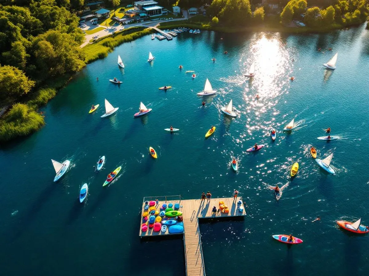 Luchtfoto van meer met watersporters op kajaks, paddleboards en zeilboten bij moderne steiger tijdens gouden uur