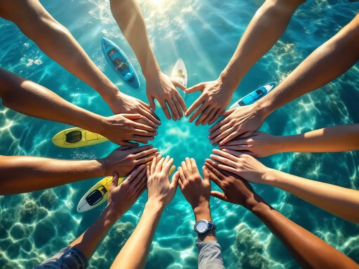 Diverse handen komen samen in teamwork gebaar boven kristalhelder water met kajaks en watersportuitrusting in cirkel