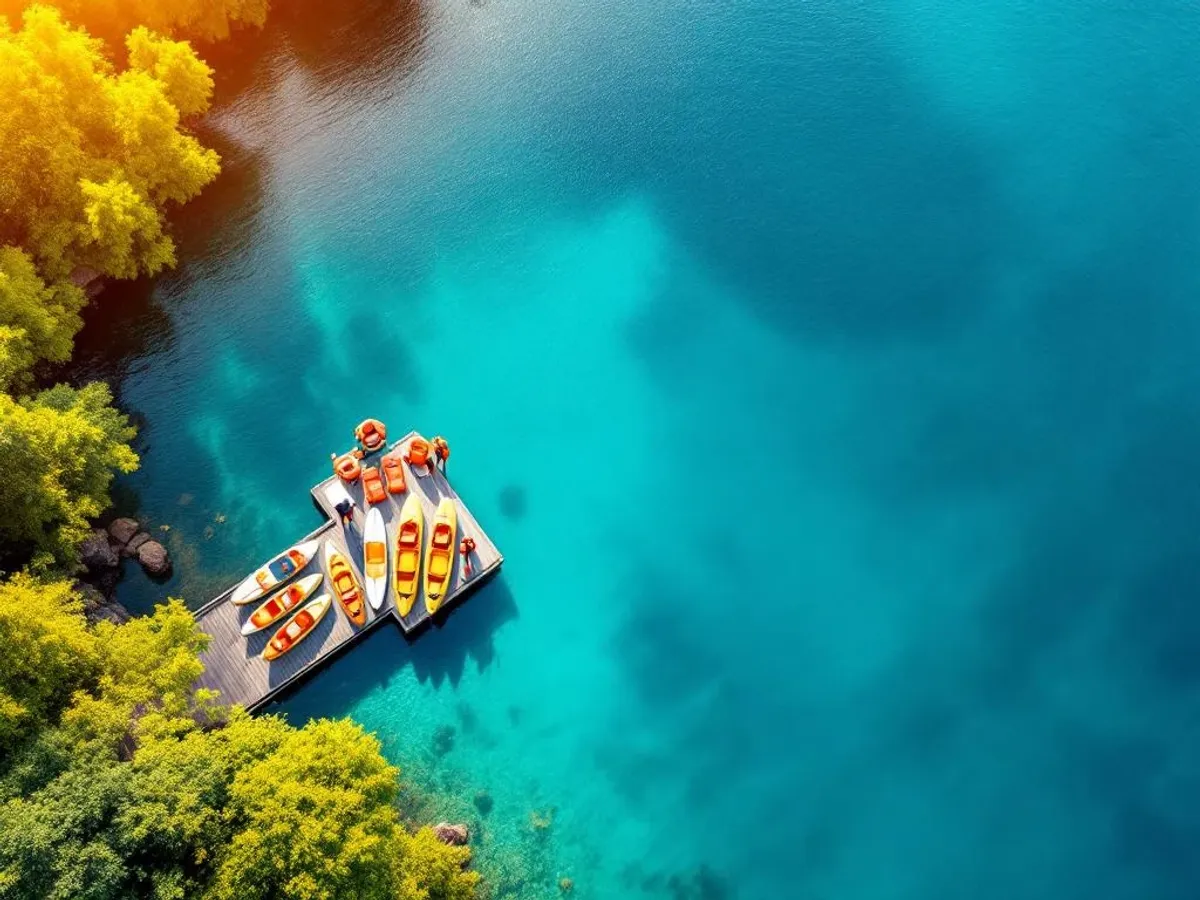 Luchtfoto van helder turkooizen meer met kajaks, paddleboards en oranje reddingsuitrusting op houten steiger