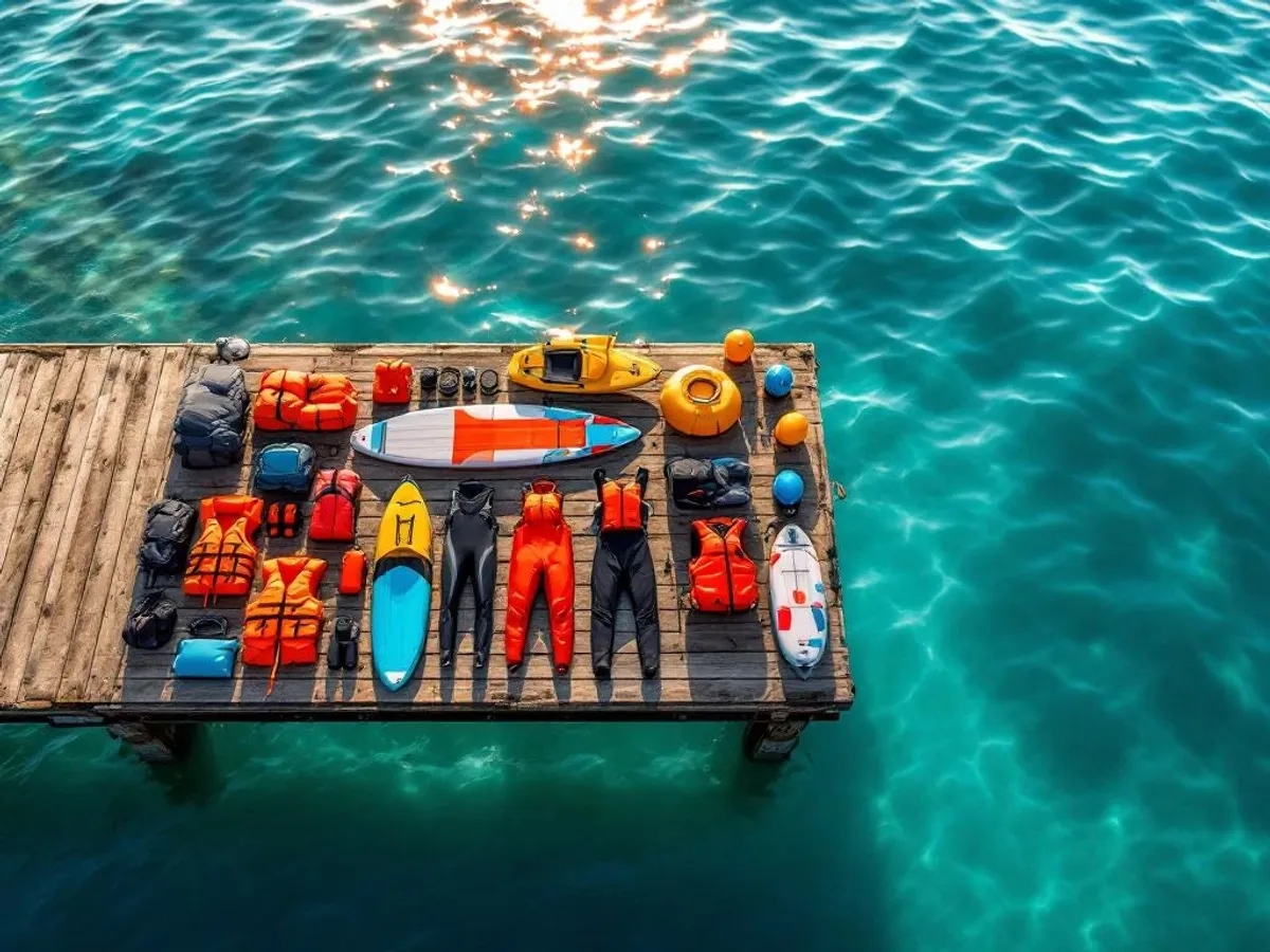 Watersportuitrusting inclusief reddingsvesten, wetsuits en paddleboards georganiseerd op houten steiger bij helder water
