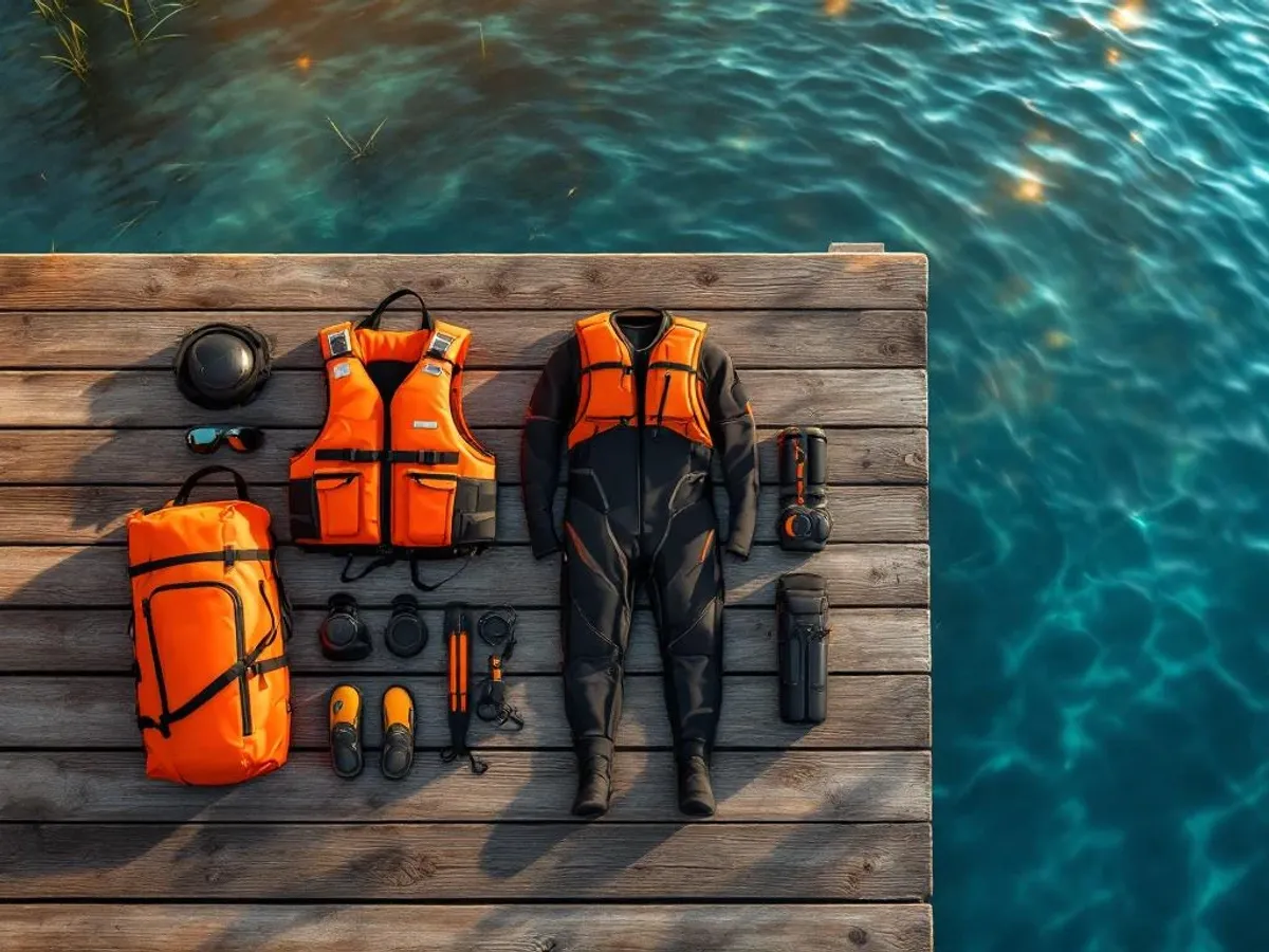 Watersportuitrusting met oranje zwemvest en wetsuit op houten steiger bij het Eemmeer tijdens gouden uurtje