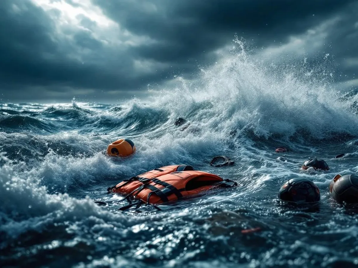 Woelige water met dramatische golven en schuim, donkere onweerswolken, drijvend zwemvest en veiligheidsuitrusting