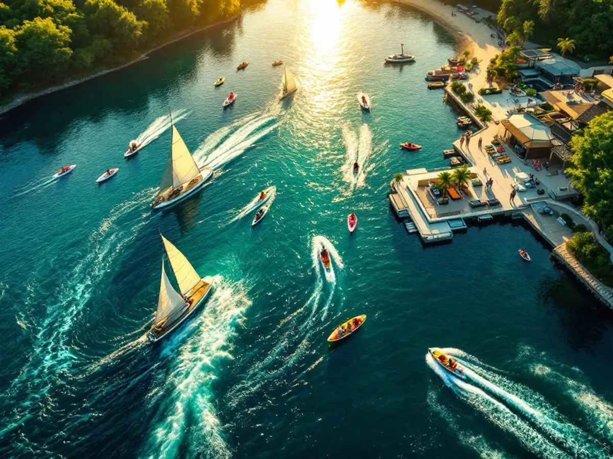 Luchtfoto van meer met zeilboot, kajaks en wakeboard bij modern strandclub tijdens gouden uur